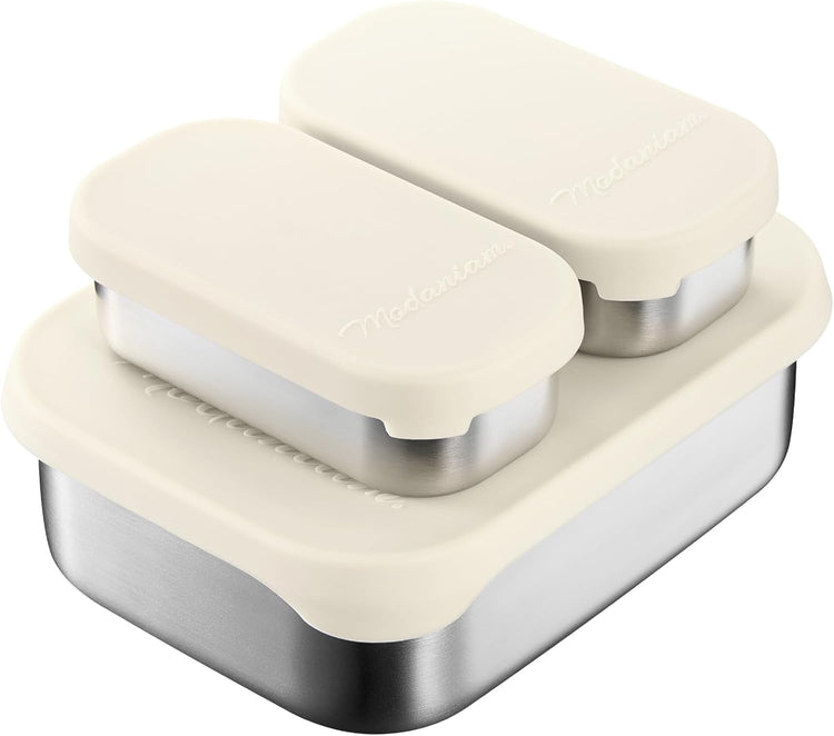 Flexibento - Leak proof Stainless Steel Lunch Box | Lunch Containers| Steel Bento Box |Sandwich Containers| Snack Containers |Metal lunch Box |Vanilla| 1 * 27 OZ+2 * 6.5 OZ|SIlicone lids