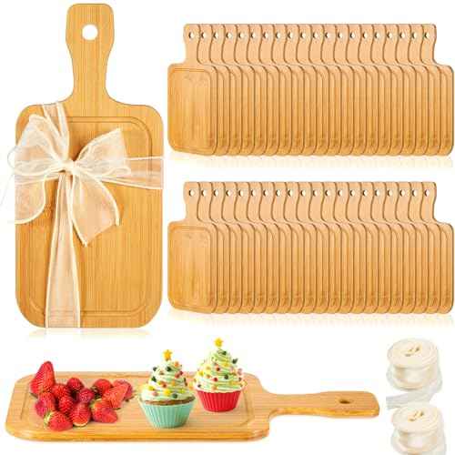 40 Pcs Mini Charcuterie Boards Bulk Small 11" x 5.12" Bamboo Cutting Board with Handle Wooden Blanks Chopping Customized Serving Tray for DIY Laser Engraving Wedding Housewarming Gift Guests (42 Count)