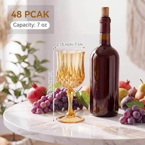 48 Pcs 7oz Plastic Vintage Wine Glasses Drinking Goblets Unbreakable Crystal Water Glassware Reusable Diamond Champagne Flutes Cups for Wedding Banquet Birthday Party Supplies (48 Count)