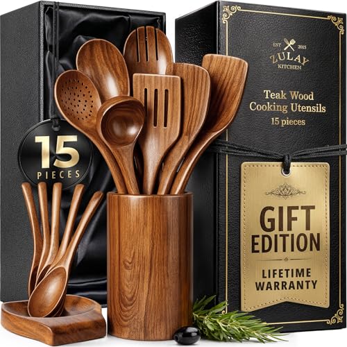 15 Piece Teak Wooden Utensils for Cooking (15 Piece | Gift Box)