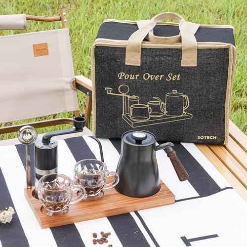 Pour Over Coffee Maker Set Chinese Tea Set Wooden Storage Tray Coffee Dripper Glass Server Coffee Scoop DIY Manual Pour Over Kit Black