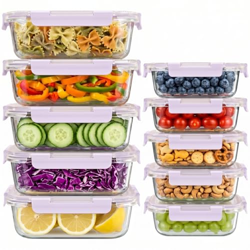 10 Sets 36 oz & 12 oz Glass Food Storage Containers with lids (Purple)