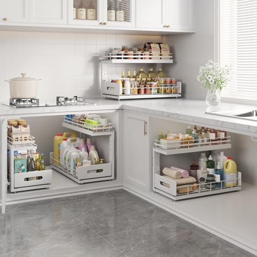 Under Sink Organizer Upgrade To Professional Rails (White / 2 Pack-18.5"Dx12.8"-16.9"H)