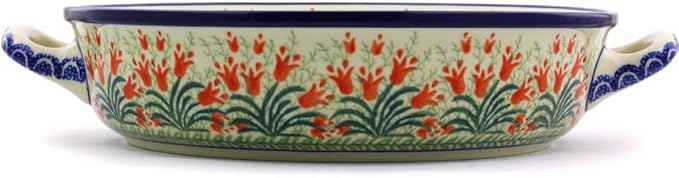 Polmedia Polish Pottery Round Baker with Handles 10-inch - Crimson Bells Pattern Handmade in Boleslawiec Poland by Ceramika Artystyczna + Certificate of Authenticity