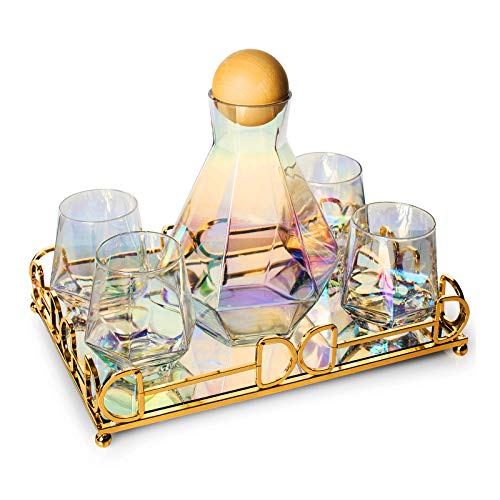 Iridescent Whiskey Decanter Diamond shaped With 4 Diamond Glasses & Mirrored Gold Tray Holder
