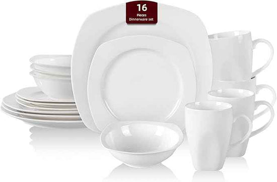 HomeVss, New Bone China Embossed Dinnerware Set, Coupe Square Shape, 16pc Set