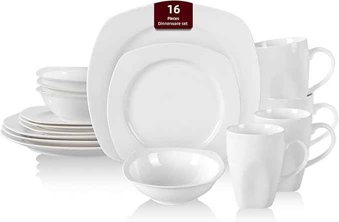 HomeVss, New Bone China Embossed Dinnerware Set, Coupe Square Shape, 16pc Set
