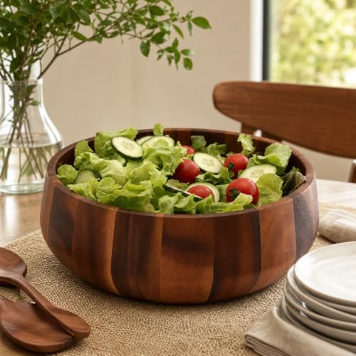 Modern Round Acacia Wood Serving Bowl for Fruits and Salads 4.5" H x 11" Diameter (4.5" Tall x 11" Diameter)