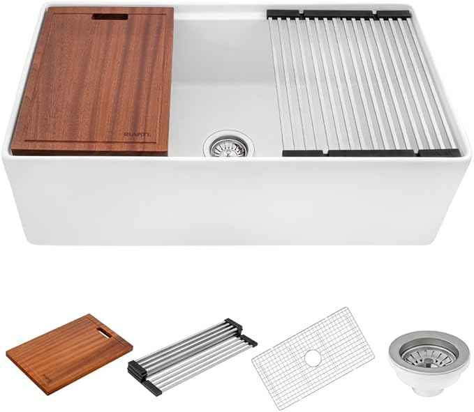 Ruvati 33 inch Fireclay Workstation Kitchen Sink - White Farmhouse Kitchen Sinks - Apron Front Sinks Single Bowl - MADE IN ITALY- RVL2387WH