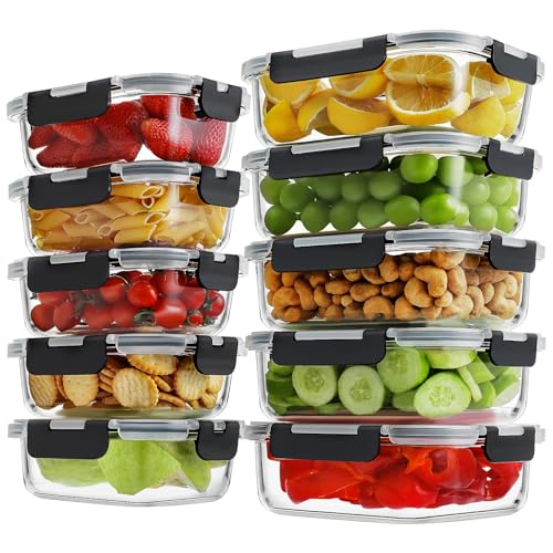 10 Pack Glass Meal Prep Containers (Black / 10 Pack)