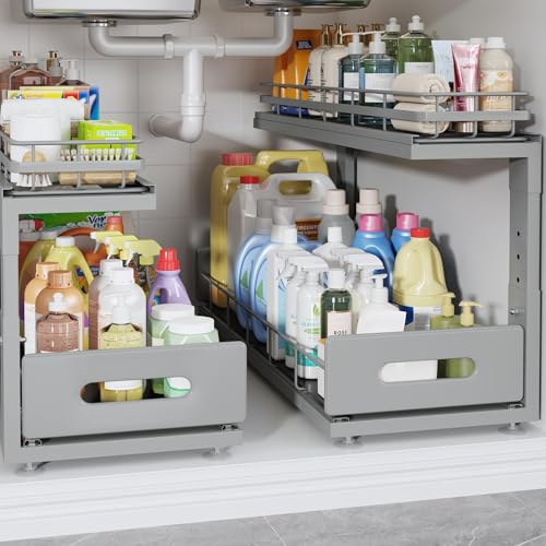 Under Sink Organizer Upgrade To Professional Rails (Gun Gray / 2 Pack-21"Dx12.8"-16.9"H)