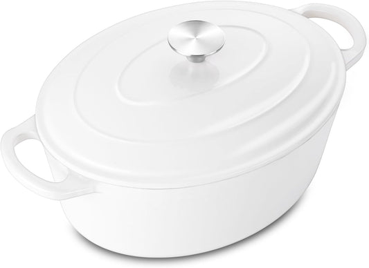 5QT Oval Dutch Oven Pot with Lid, Leonyo 5 Quart Enameled Oval Cast Iron Dutch Oven for Sourdough Bread Breaking, Heavy Duty Cookware for Braising, Stews, Roasting, White - Nestoria