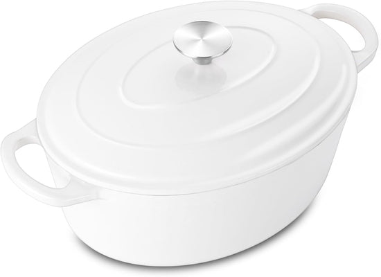 5QT Oval Dutch Oven Pot with Lid, Leonyo 5 Quart Enameled Oval Cast Iron Dutch Oven for Sourdough Bread Breaking, Heavy Duty Cookware for Braising, Stews, Roasting, White - Nestoria