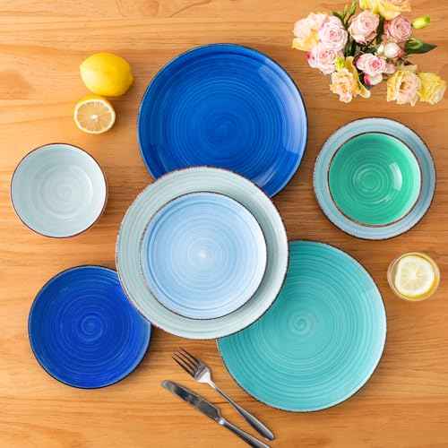 Bonita Plates and Bowls Set 18 Pieces Blue Stoneware Service for 6 (18 Count)