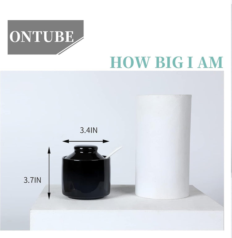 ONTUBE Ceramic Sugar Bowl with Lid and Spoon,Porcelain Seasoning Box Salt Bowl,8oz (Black)