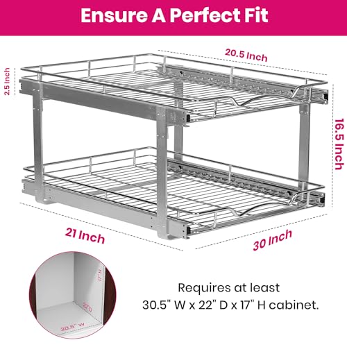 2-Tier Pull-Out Cabinet Organizer for Kitchen, 30"W x 21”D x 16.5"H (30 Inch / Two Tier)