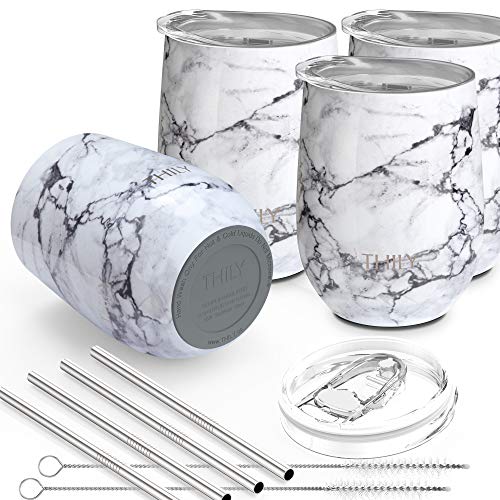 Stainless Steel Stemless Wine Tumbler 4 Pack Vacuum Insulated Travel Wine Glasses Set with Sliding Lids and Straws (4 Pack - White Marble / 4 Count (Pack of 1))