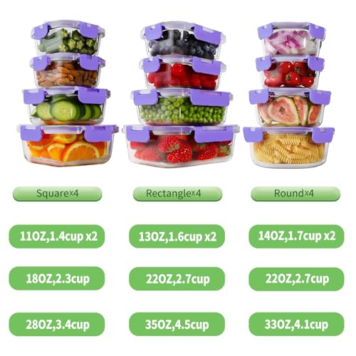24pc Glass Food Storage Containers with Lids (Purple / 12 Pack)
