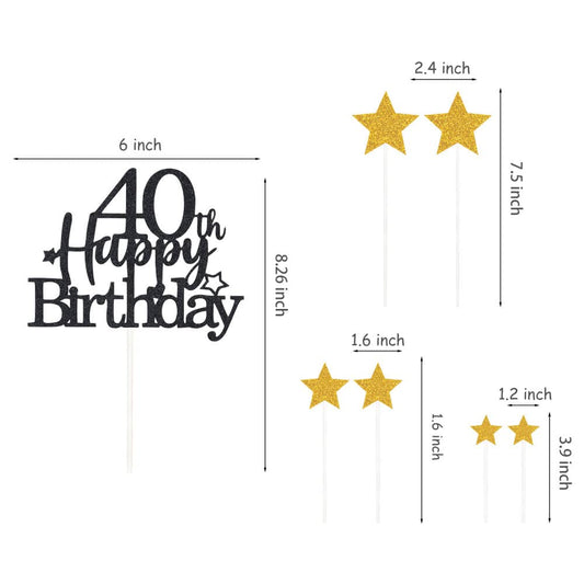 Black Gold 40th Birthday Cake Topper with Glittery Stars (7 Count)