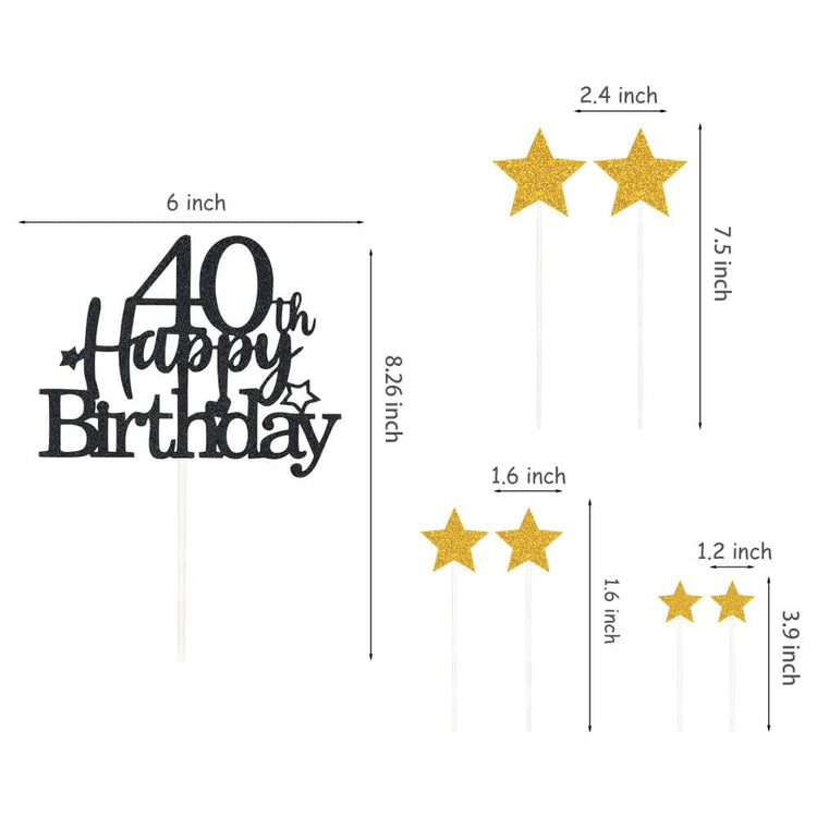Black Gold 40th Birthday Cake Topper with Glittery Stars (7 Count)