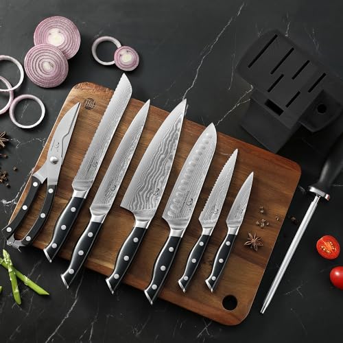 9 Piece Damascus Kitchen Knife Set with Block (9 Count)