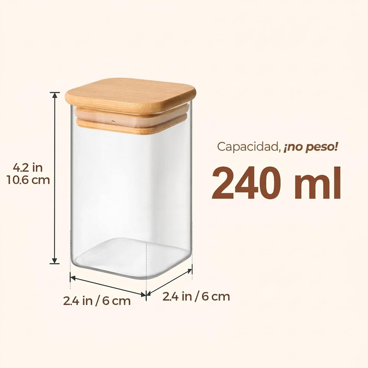 Glass Spice Jars with Labels 8 oz 6 Pack Square Bamboo Lids (6 Count)