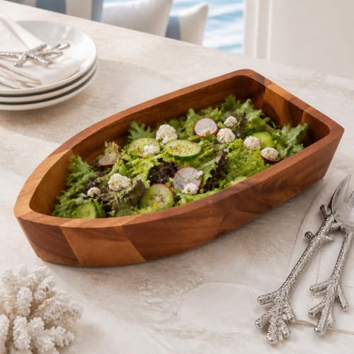 Boat Shape Acacia Wood Serving Bowl (3" Tall x 9" Wide x 16" Long)