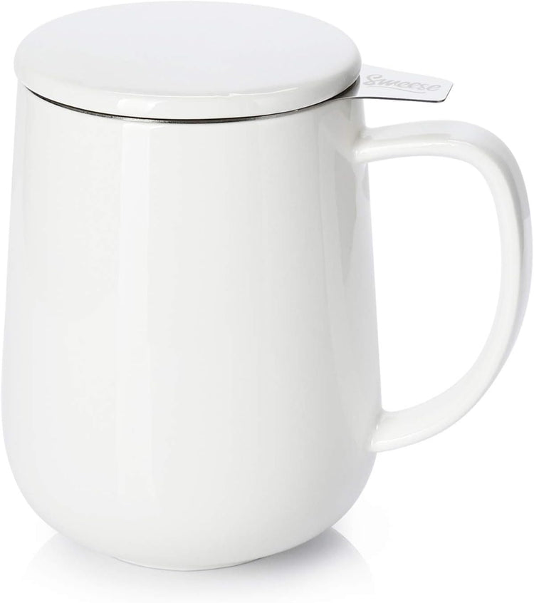 Sweese 20 OZ Porcelain Tea Mug with Infuser and Lid, Loose Leaf Tea Cup, Gifts for Tea Lover - White