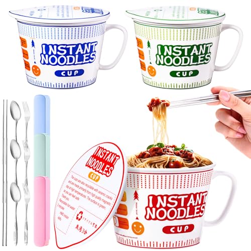 6 Pcs Japanese Ramen Bowl Set Includes 3 Pcs Instant Noodle Bowl with Lid Microwave Ramen Noodles Cup Holder 3 Pcs Silverware Set Flatware Sets for Home Office College Dorm Room (39 oz)