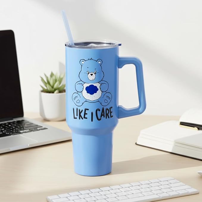 Silver Buffalo Care Bears Grumpy Bear Like I Care Double Walled Stainless Steel Tumbler with Handle and Straw, Fits in Standard Cup Holder, 40 Ounces