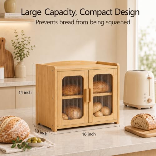 Bread Box for Kitchen Countertop (Natural Bamboo)