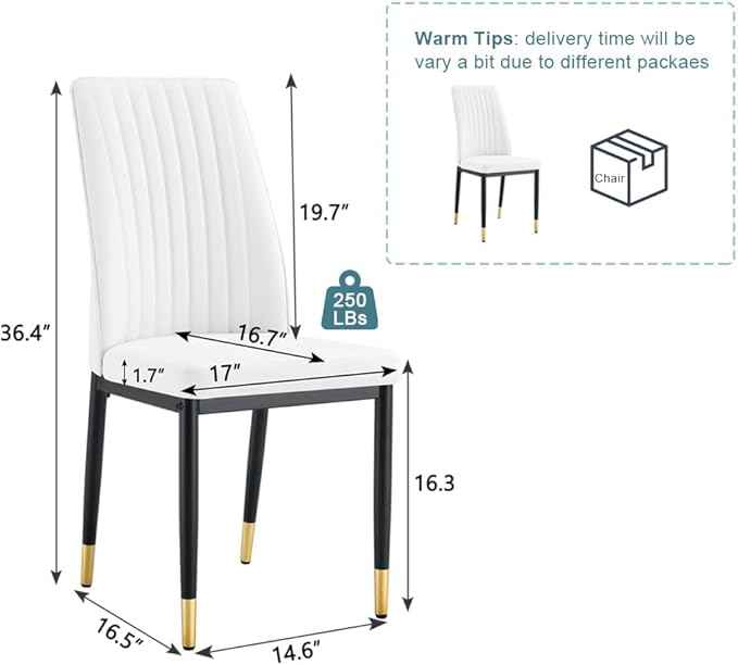 Modern Dining Chairs Set - 8 White PU Leather Armless Chairs with Metal Legs for Dinner Room, Office, Waiting Room