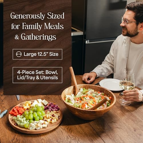 Large Wooden Salad Bowl Set 12.5 Inch with Serving Utensils (Natural / 12.5)