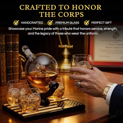 U.S. Marine Globe Whiskey Decanter Set with 4 Liquor Glasses