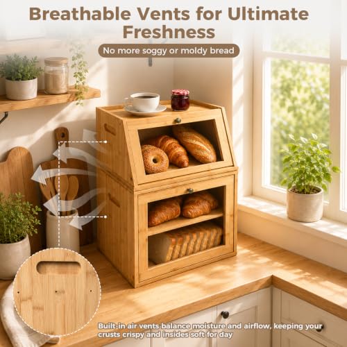 2 Tier Detachable Bamboo Bread Box for Kitchen Countertop