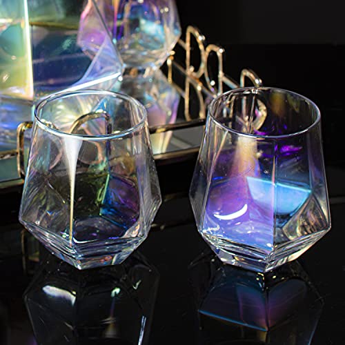 Iridescent Whiskey Decanter Diamond shaped With 4 Diamond Glasses & Mirrored Gold Tray Holder