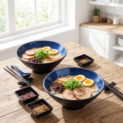 Unbreakable Melamine Ramen Bowl Set （4 piece set） (Blue-Black / Set-4)