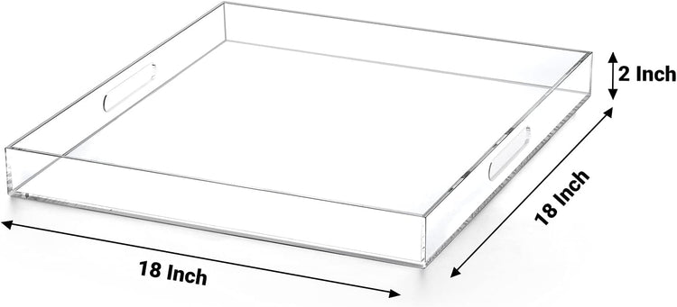 Clear extra large Ottoman Tray with Handles 18"x18"x2" Spill proof Acrylic Serving Tray Organizer Tray Decorative safe edge tray For Living Room Entryway Bedroom Kitchen Coffee Table coutertop