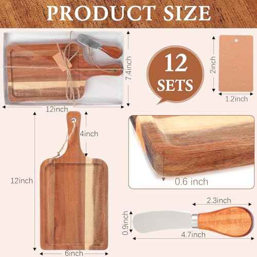 12 Set Acacia Wood Charcuterie Board with Knife Wooden Serving Tray with Groove Acacia Wood Cutting Board with Gift Box and Card for Wedding Baby Shower Housewarming Gift (12 Count)