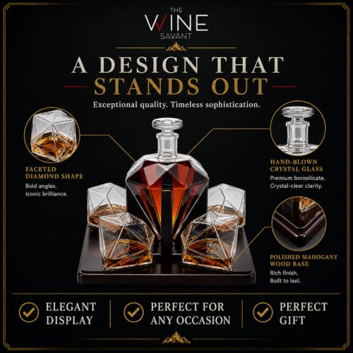Luxury Diamond Whiskey Decanter Set with 4 Matching Glasses & Mahogany Wood Base