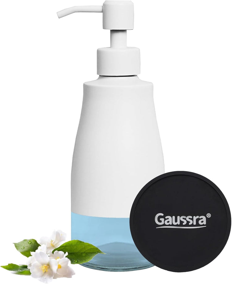 White Soap Dispenser with Coaster and Stickers, Stainless Steel and Glass Bottle Hand Pump Dispenser, Refillable Liquid Hand Soap Dispenser for Bathroom & Kitchen (11OZ / 320ML)
