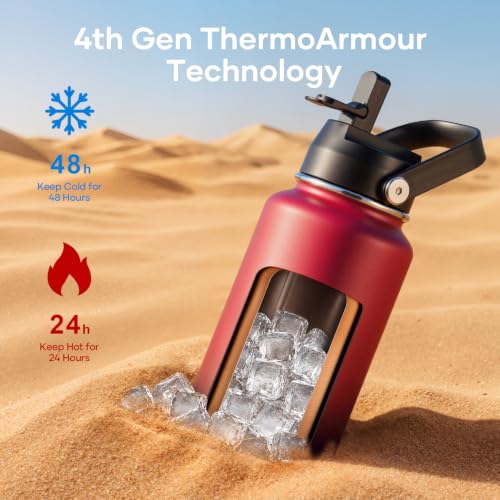 40 oz Insulated Water Bottle with Paracord Handle & Straw Spout Lids (40 Ounces / Ruby Red Navy)