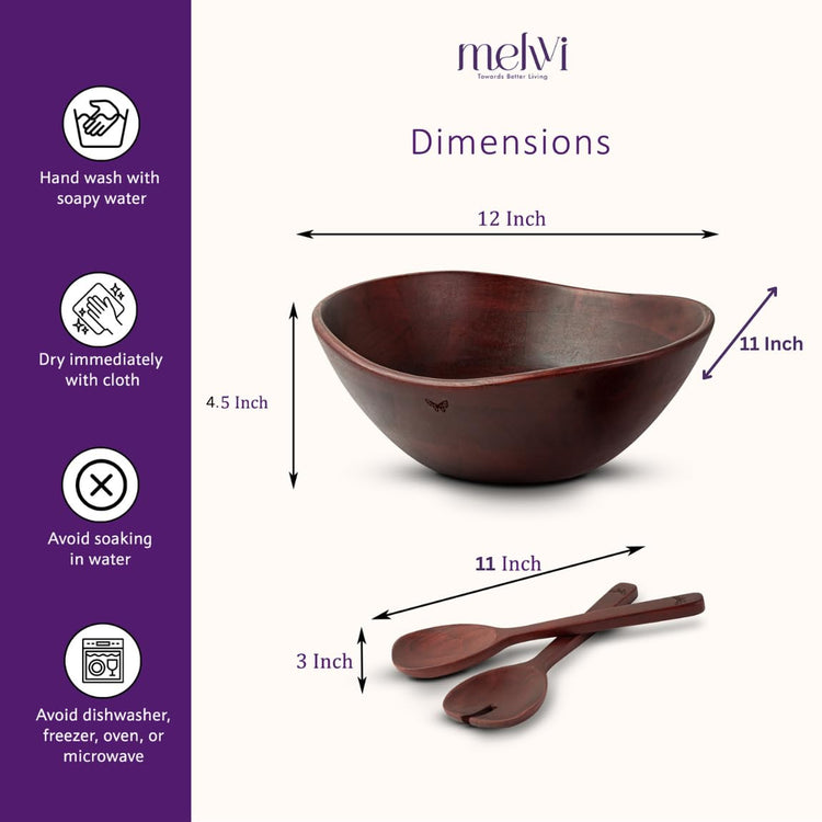 Large Wooden Salad Bowl Set with 2 Serving Utensils (3 Count)