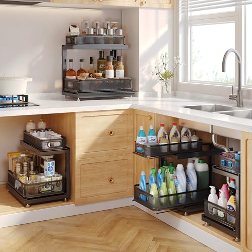 2 Pack Under Sink Storage Organizer with 2 (Black / 2 Pack-15.4"Dx11.8"-16.5"H)