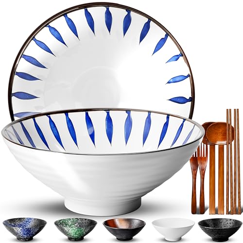8 Inch Ramen Bowl Set 2 Large Japanese Bowls Ceramic Microwavable 8pcs (White / 8 INCH 2 Set)