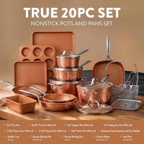 HAMMERED 20 Pc Pots and Pans Set Non Stick Ceramic Cookware (20 Count)
