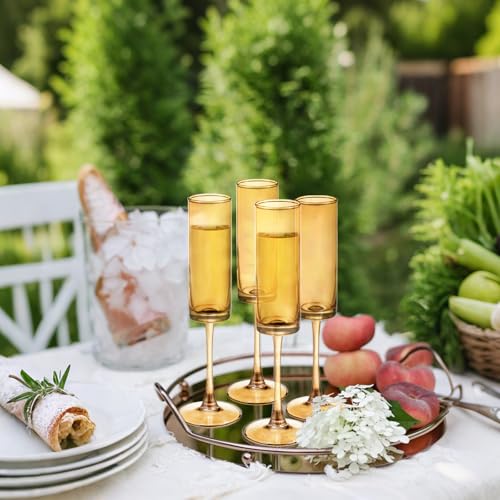 6 Pieces Amber Champagne Flutes 6 OZ Straight Sided Wine Glasses Champagne Long Stem Drinking Colored Glasses (6 Count)