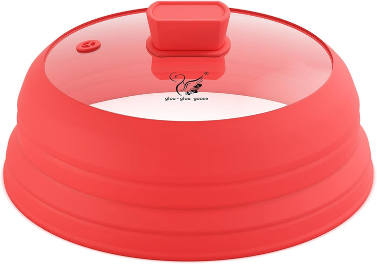 Microwave Splatter Cover Glass Splatter Guard Lid with Collapsible Silicone for Food Pot Plate Cover 10.8 inch Red