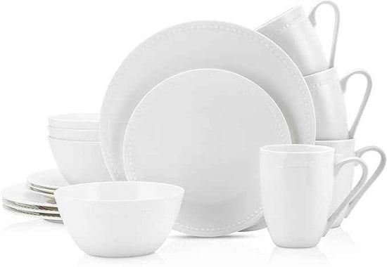 Stone Lain Ava Bone China Formal Dinnerware Set, 16-Piece Everyday Dish Service for 4 Includes Plates, Bowls, and Mugs | Chip + Scratch Resistant| White with Embossed Pinpoint Design
