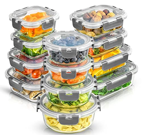 24pc Borosilicate Glass Storage Containers with Lids (Color Grey)